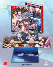 Nintendo Switch game packaging and included accessories for Playasia Jaguar Stroker, featuring anime character artwork, a blue instruction booklet, and several printed cards on a pale blue background.