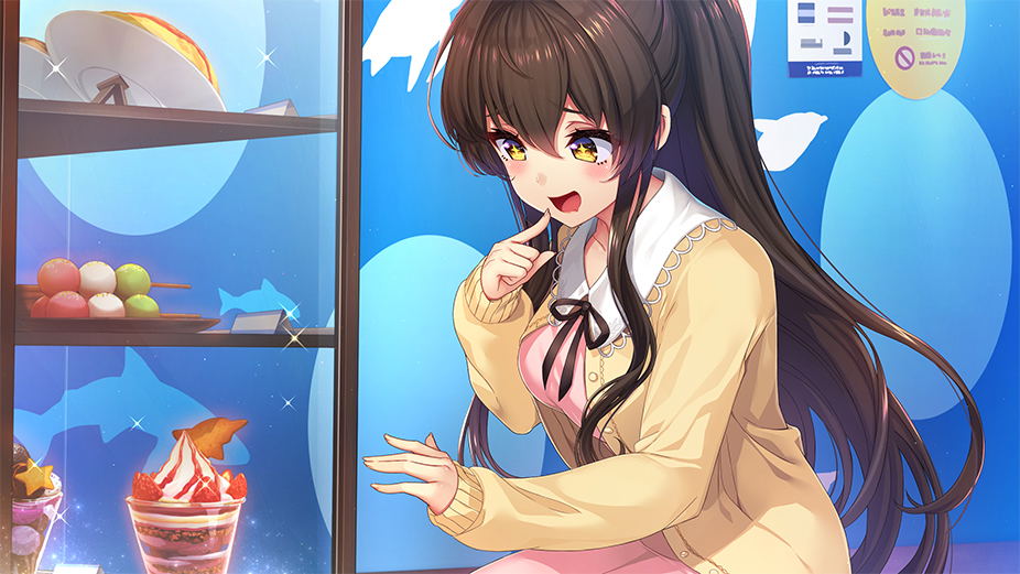 An anime-style digital illustration of a girl with long dark brown hair, yellow eyes, and a pink outfit with a beige cardigan, leaning against a blue background next to a refrigerator filled with desserts.