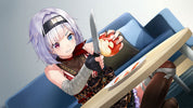 Anime-style illustration of a girl with short lavender hair and blue eyes, wearing a dark outfit and headband, holding a knife and a red apple while sitting on a blue chair.