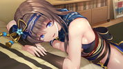 An anime-style digital illustration of a female character with brown hair and blue eyes, wearing a blue kimono-style outfit with gold and red accents, lying on a bed in a bedroom setting.