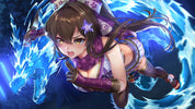 Anime-style digital artwork of a young woman with long brown hair and a purple flower hairclip, floating in front of glowing blue energy effects. She wears a purple and white outfit with floral patterns and dark thigh-high stockings.