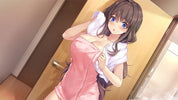 An anime-style illustration of a young woman with long brown hair and blue eyes, wearing a pink slip dress and a white towel, standing in front of a wooden door.