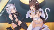Two anime-style cat-girl characters in cat-themed lingerie poses on a wooden floor in front of a dark wall.