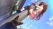 An anime-style illustration shows a woman with long pink hair climbing a large concrete pole outdoors under a blue sky, with part of a dog visible in the lower left foreground.