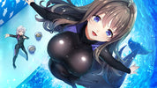 Anime-style digital artwork showing a large female character with long brown hair, blue eyes, and a black body suit floating in a bright blue underwater-like scene, with a smaller character in a black suit at left and small round items on the water.
