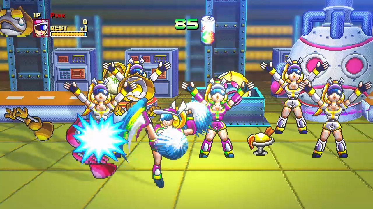Pixel-art scene from a retro fighting game showing multiple female characters in colorful outfits posing in a futuristic blue control-room environment with a large robot and UI elements visible.