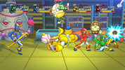 A colorful digital battle scene featuring cartoon sports characters in a futuristic control-room setting. Visible elements include health bars, colored character slots labeled Green, Blue, Yellow, and Red, a baseball motif, and dynamic action effects.