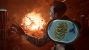Person holding a glowing object with a fiery background