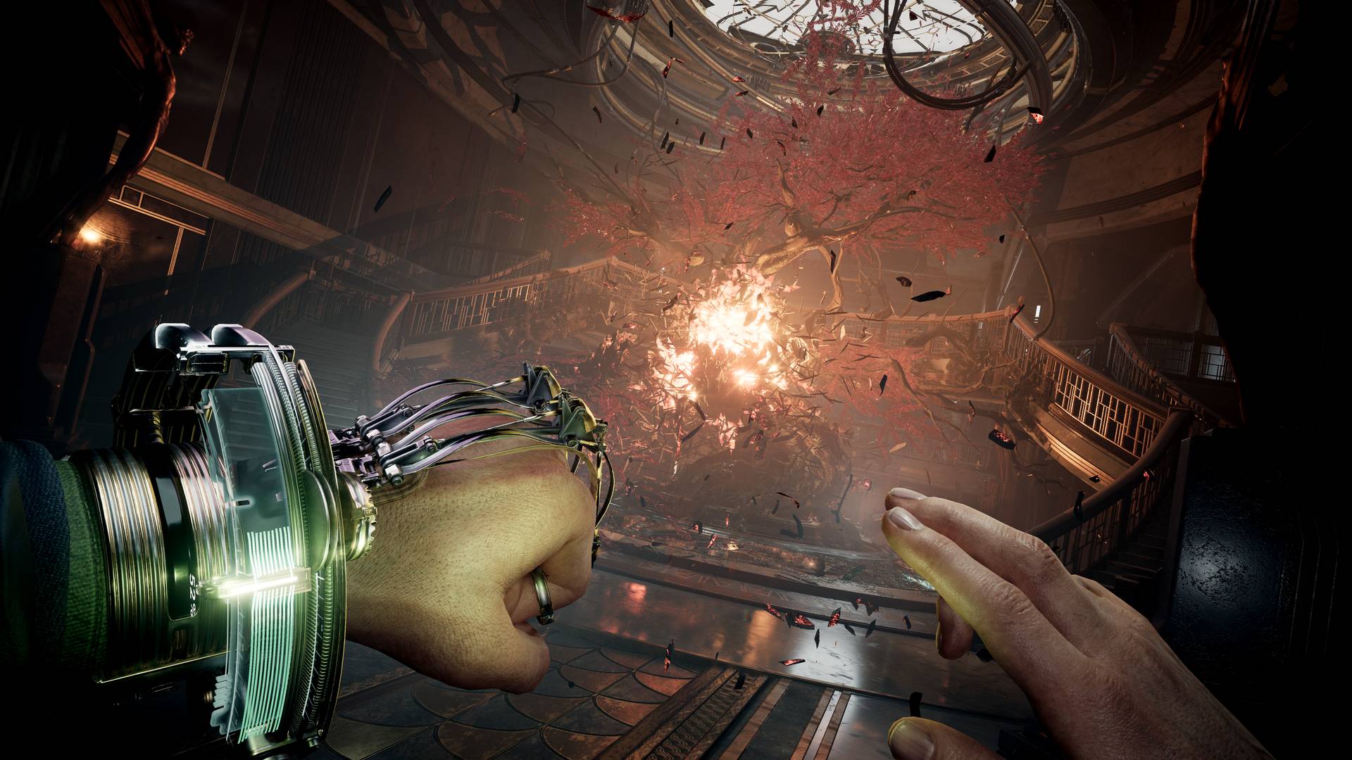 Close-up of a hand holding a futuristic weapon with a dark, industrial background