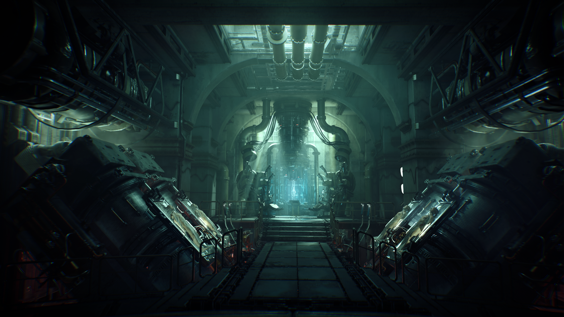 Dark, futuristic interior of a spacecraft with glowing lights.