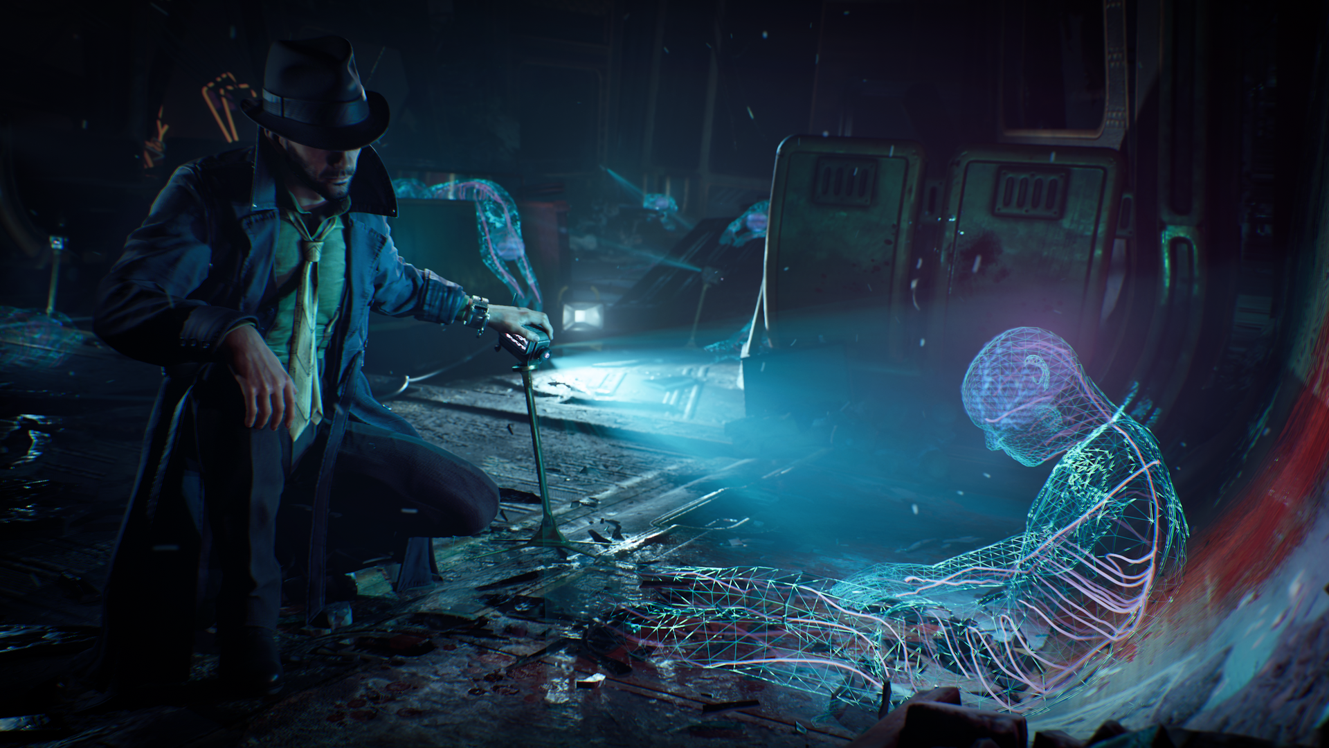 Person in a trench coat with a cane standing next to a car in a dark, snowy landscape with ghostly figures and glowing blue light.