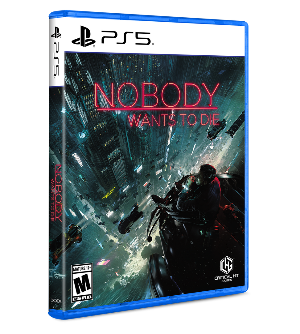 Game box for 'Nobody Wants to Die' on PS5 with a cityscape and motorcycle scene.