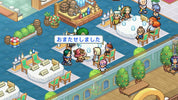 Pixel art illustration of a bustling cafe or restaurant interior with multiple stylized characters seated at tables, decorative plants, shelves, and a blue floor. A Japanese text bubble is visible near the center.