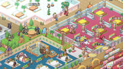 A colorful isometric digital illustration of a busy resort or casino interior with rooms, tables, palm trees, and many small characters in varied outfits.