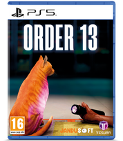 PS5 game case for Order 13, featuring a cat with pink lighting on the cover art, with PS5 branding at the top and publisher logos at the bottom.