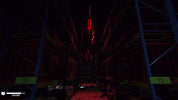 A dark industrial warehouse aisle with tall shelving units on both sides, lit primarily by red ambient lighting and a few green labels reading S3 and T3.