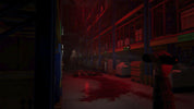 A dark, atmospheric warehouse scene with red lighting, a blood-splattered floor, shelving, and a partially visible person in the right foreground holding a camera.