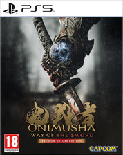 PS5 game cover for Onimusha: Way of the Sword Premium Deluxe Edition, featuring a dark ornate sword hilt with a blue eye-like gem, gold title text, Capcom logo, and PlayStation 5 branding.