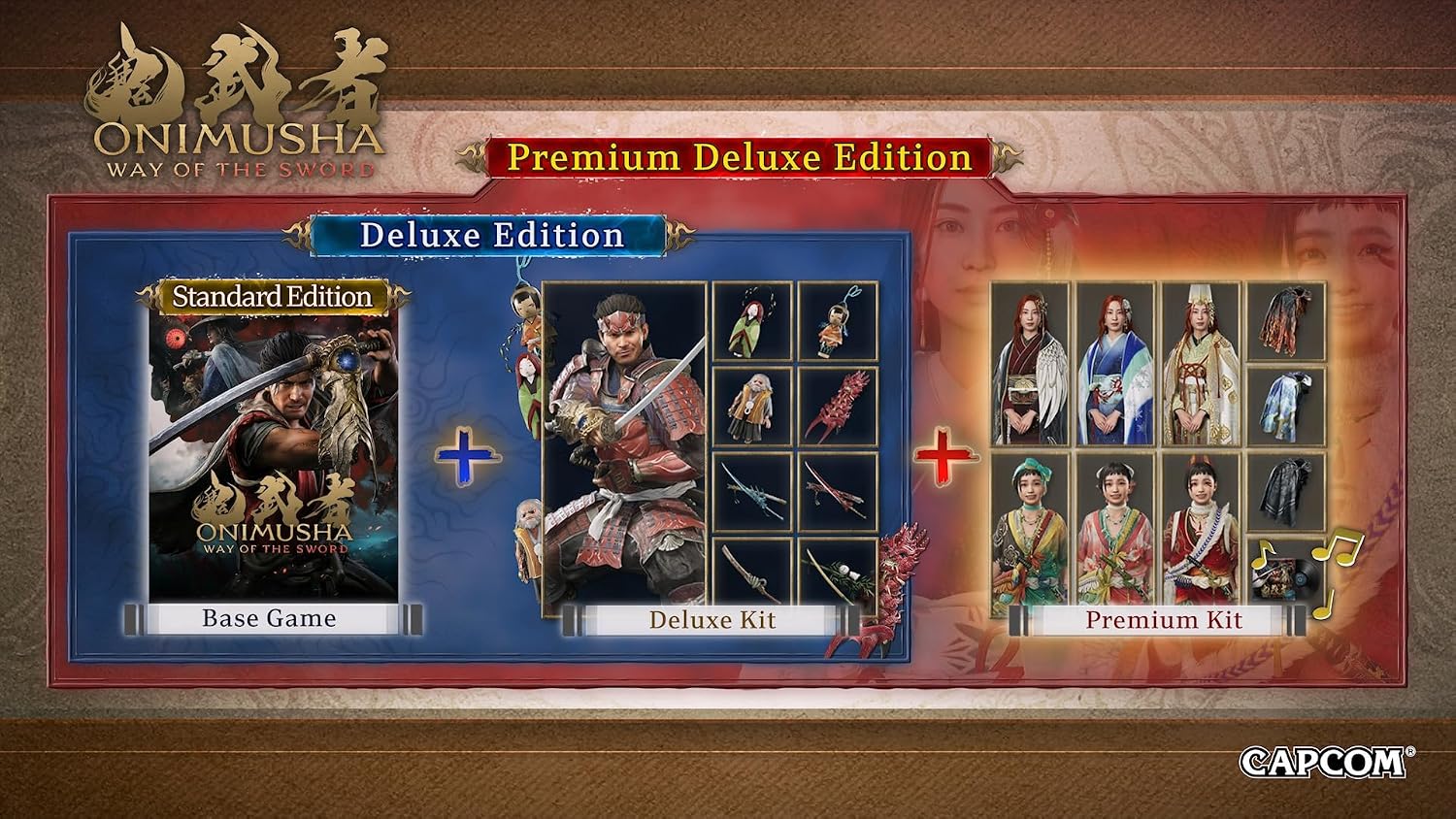 Promotional graphic for the Onimusha Way of Legends Premium Deluxe Edition, showing the base game, deluxe kit, and premium kit contents on a stylized red and gold background. A Capcom logo is visible in the bottom right corner.