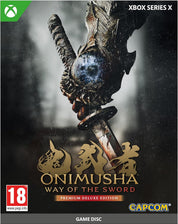 Front cover art for the Xbox Series X version of Onimusha: Way of the Sword Premium Deluxe Edition game disc, featuring a large ornate sword with a blue eye-like center against a dark smoky background. Visible branding includes Xbox, Xbox Series X, Capcom, PEGI 18, and the game title Onimusha.