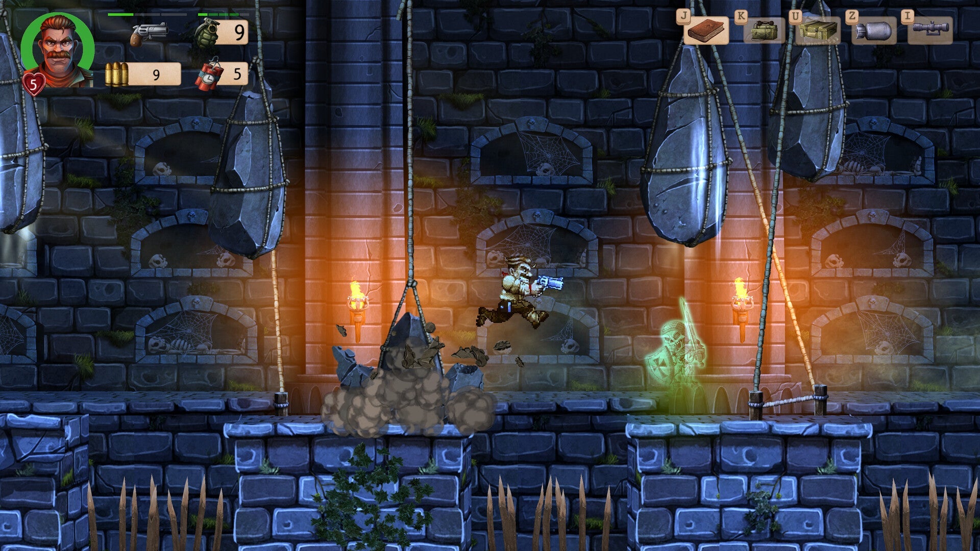 Game level with stone walls, hanging sacks, and a character in a dungeon-like setting