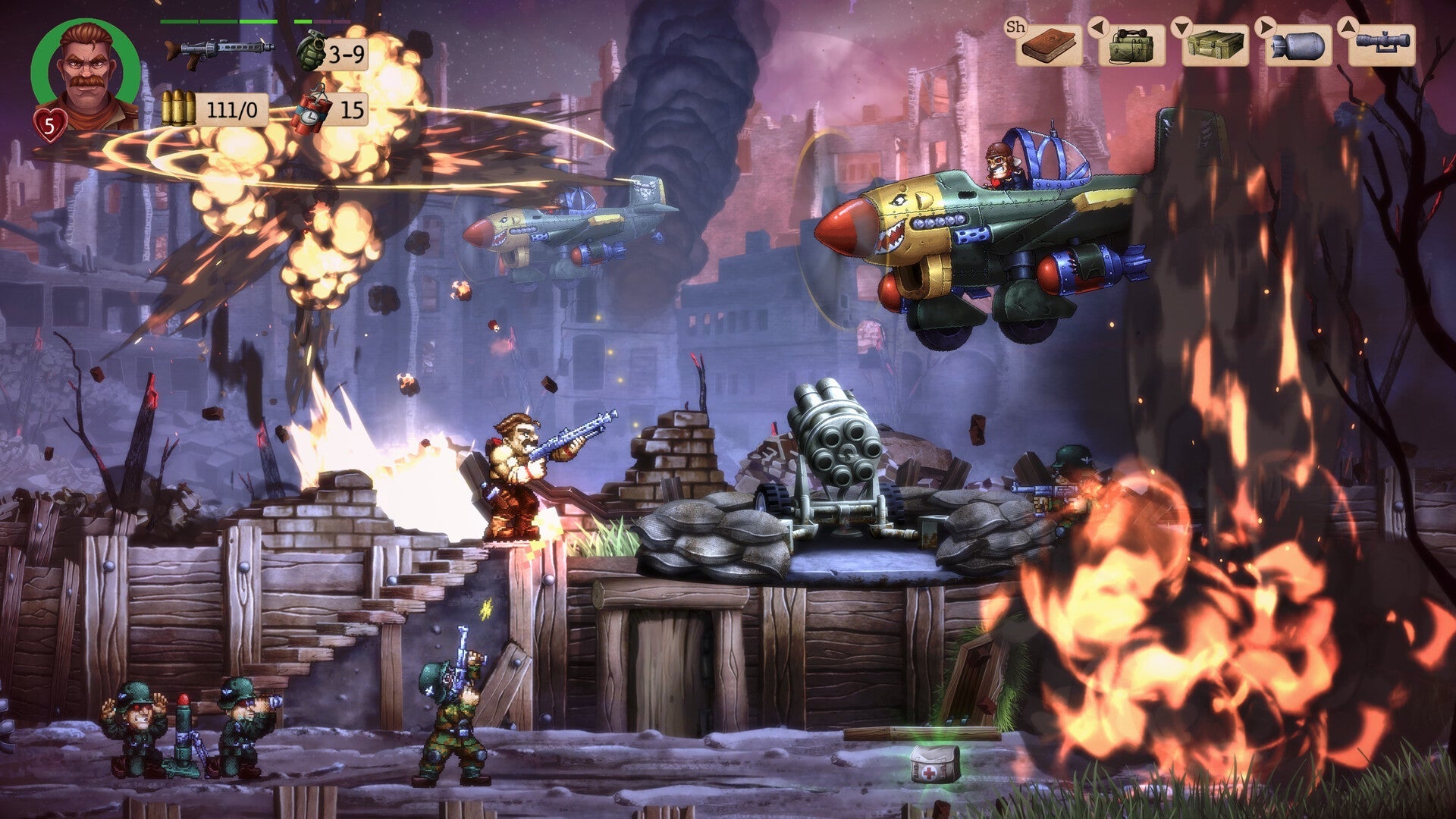 Action-packed scene from a video game with characters and explosions in a post-apocalyptic setting.