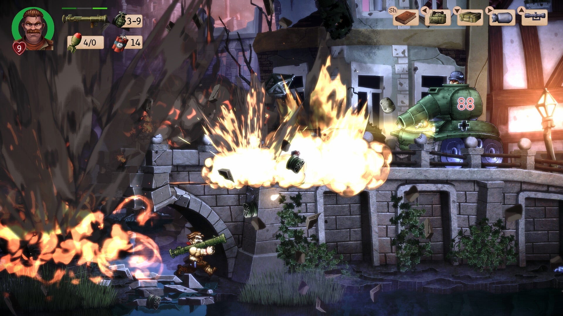 Action-packed scene from a video game with characters and fiery effects.