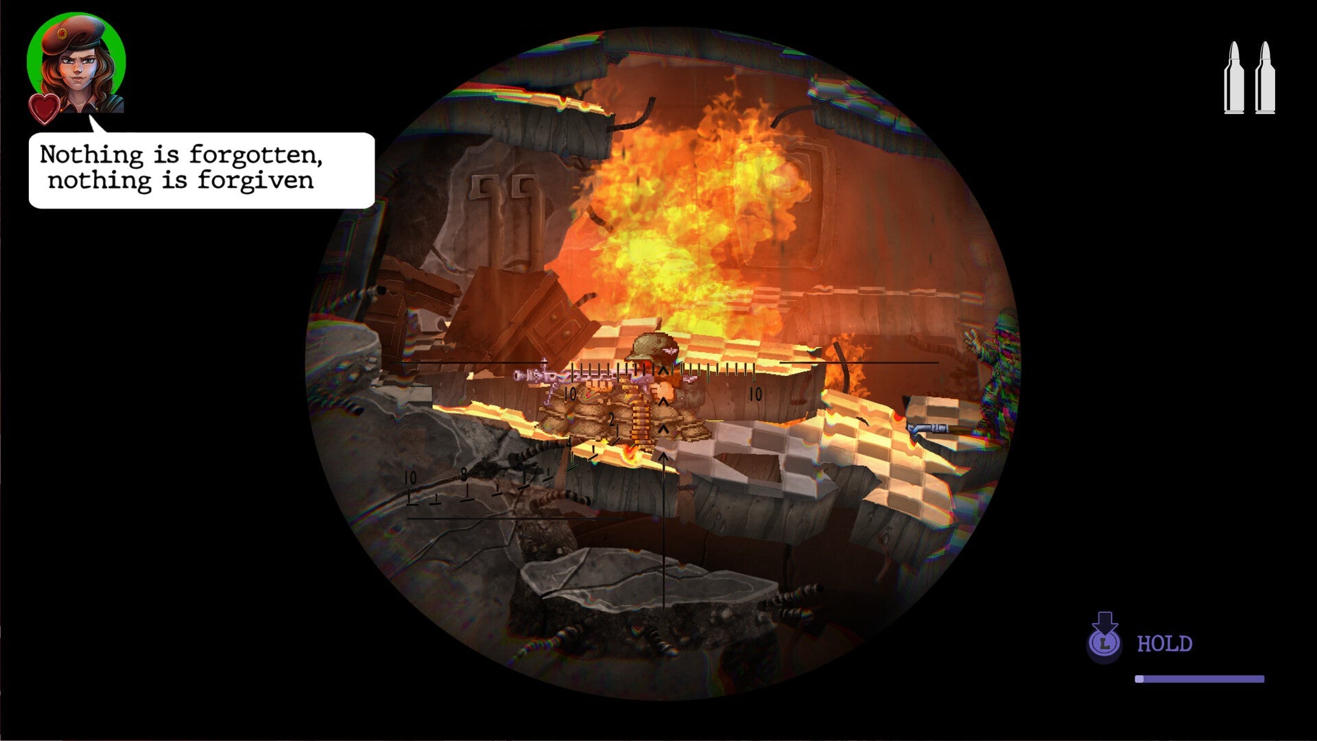 Game screen with a fiery scene and text 'Nothing is forgotten, nothing is forgiven' in a dark setting.