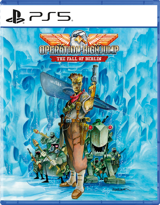Game cover for 'Operation Highjump: The Fall of Berlin' on PS5 with a character holding a large weapon against a blue icy background.