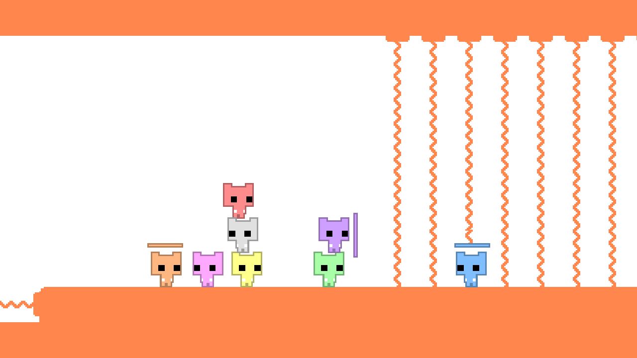 Pixelated characters on a white background with an orange border