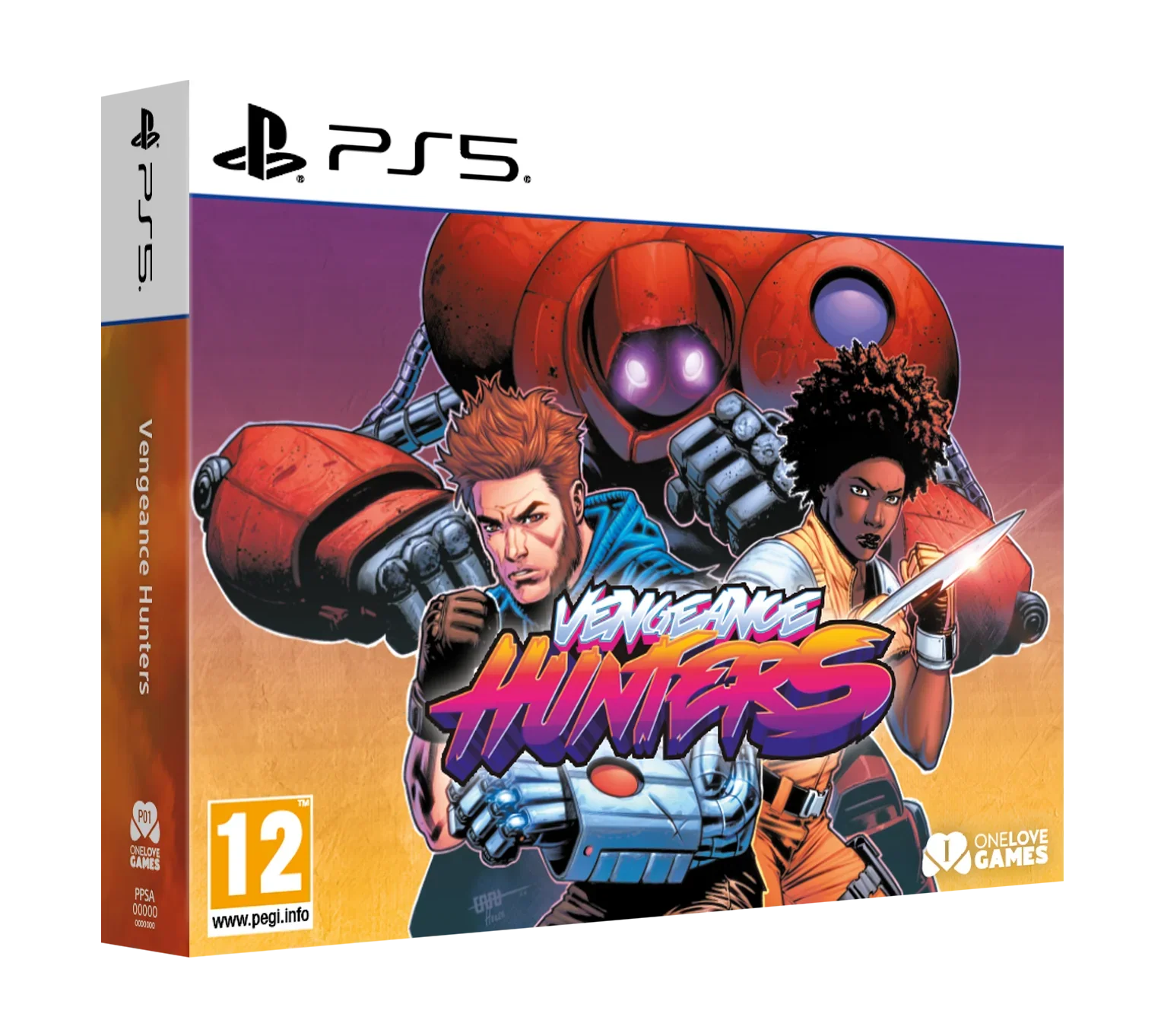 PlayStation 5 game case for 'Vengeance Hunters' with two characters and a robot on a purple and orange background.