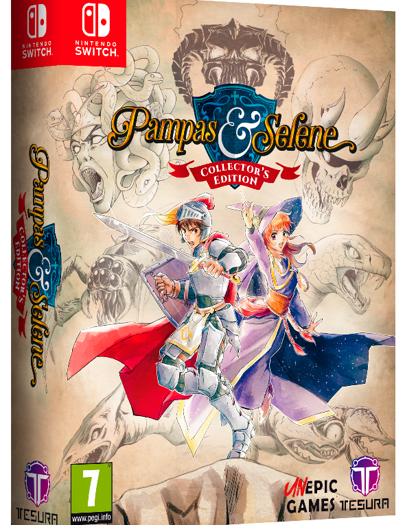 Game box for 'Pampas & Selene' Collector's Edition on Nintendo Switch with characters and dragons on a beige background.