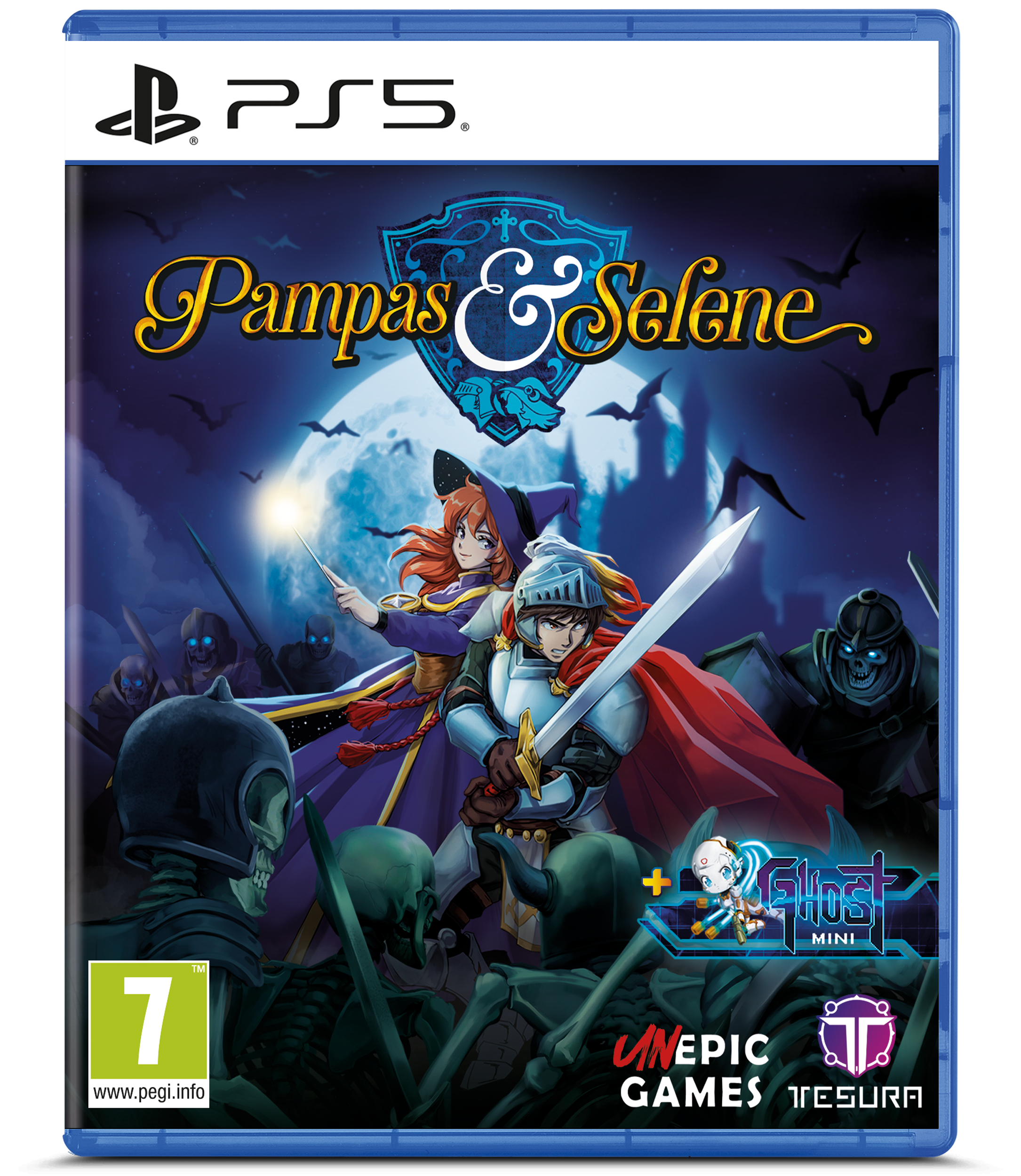 Game box for 'Pampas & Selene' on PS5 with characters and dark fantasy elements.