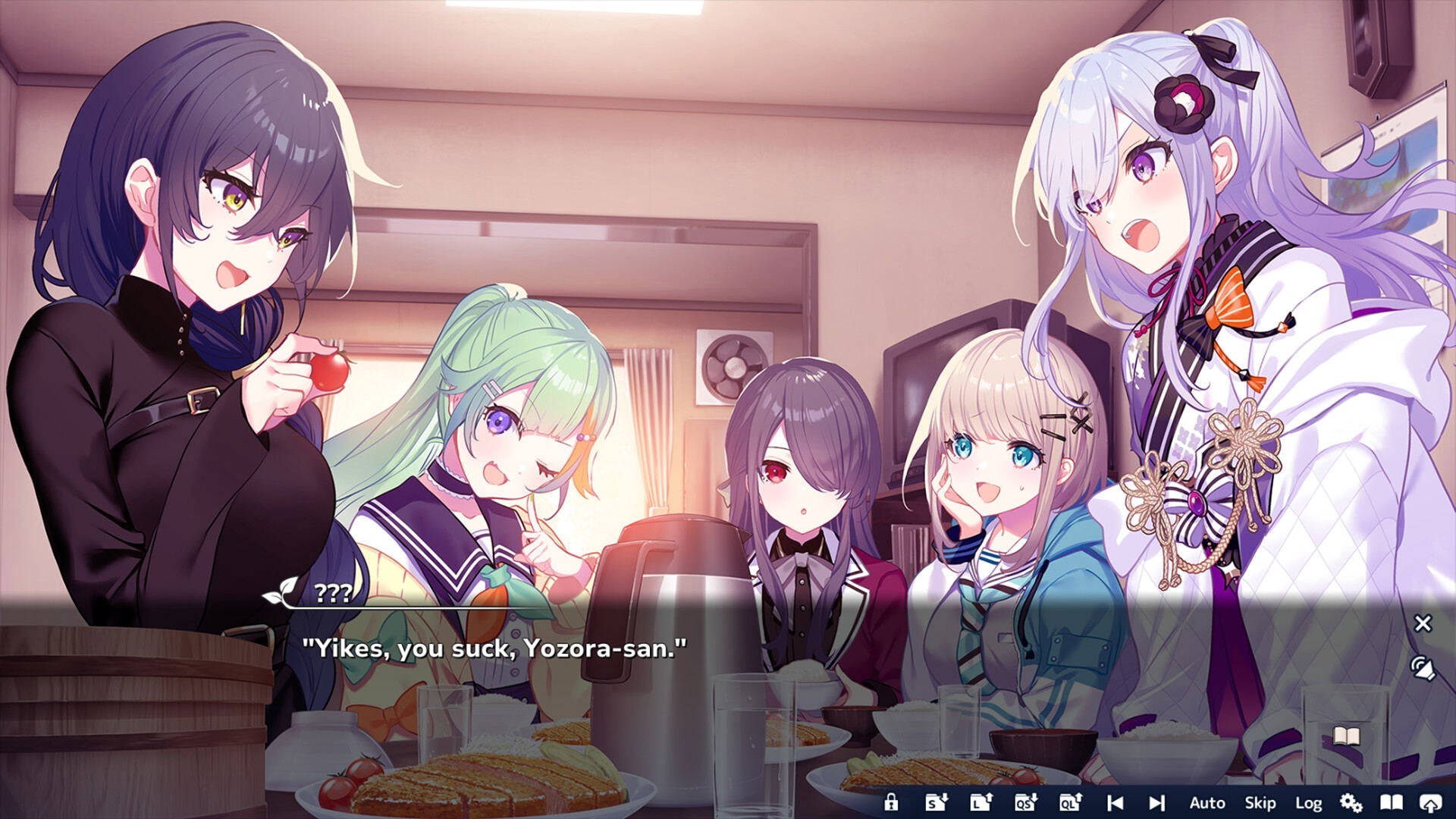 Five animated characters in a room with a humorous text overlay.