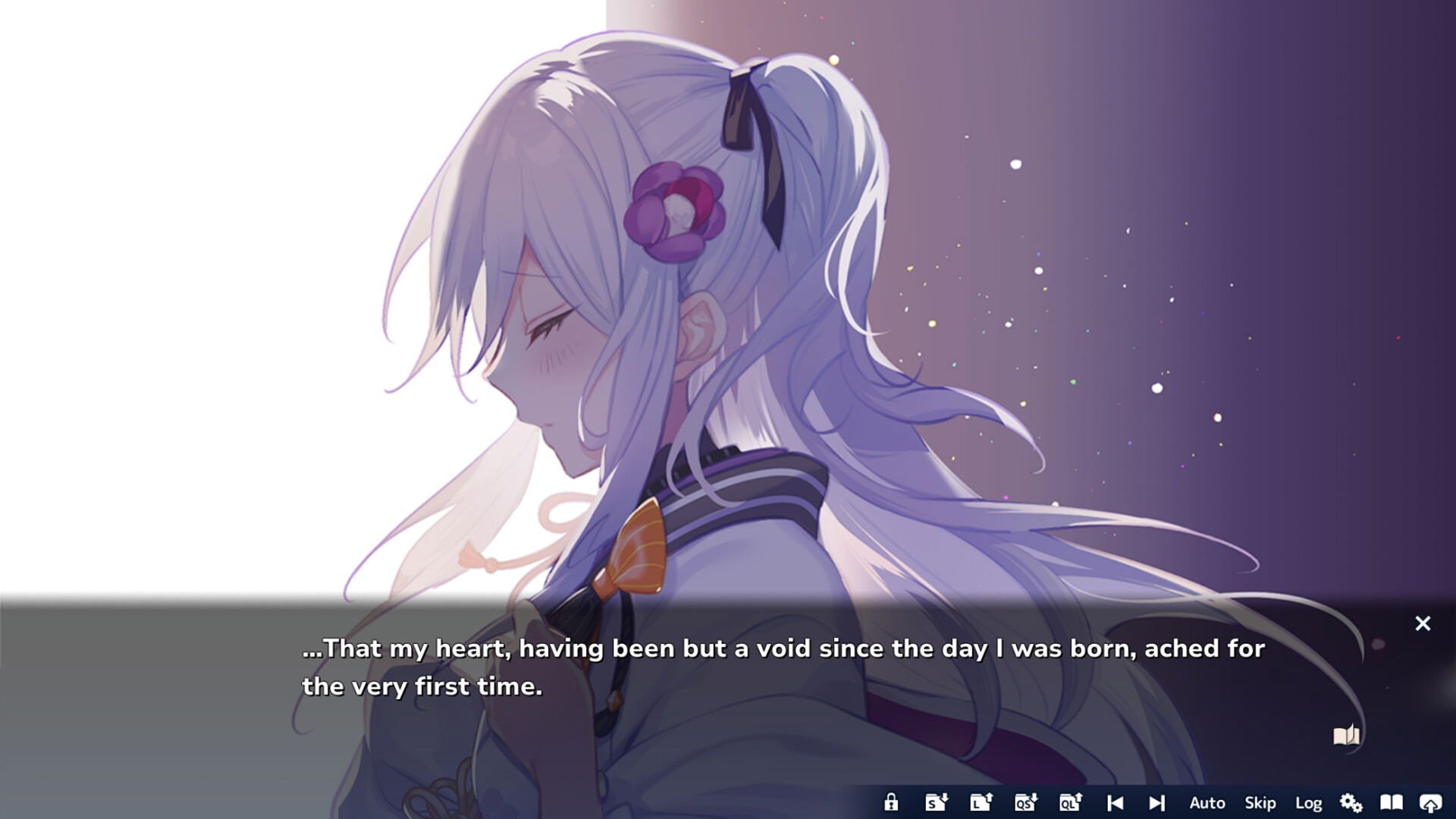 Animated character with long white hair and a purple flower in a dark background