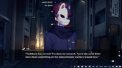 Character in a dark, urban setting with a dialogue box