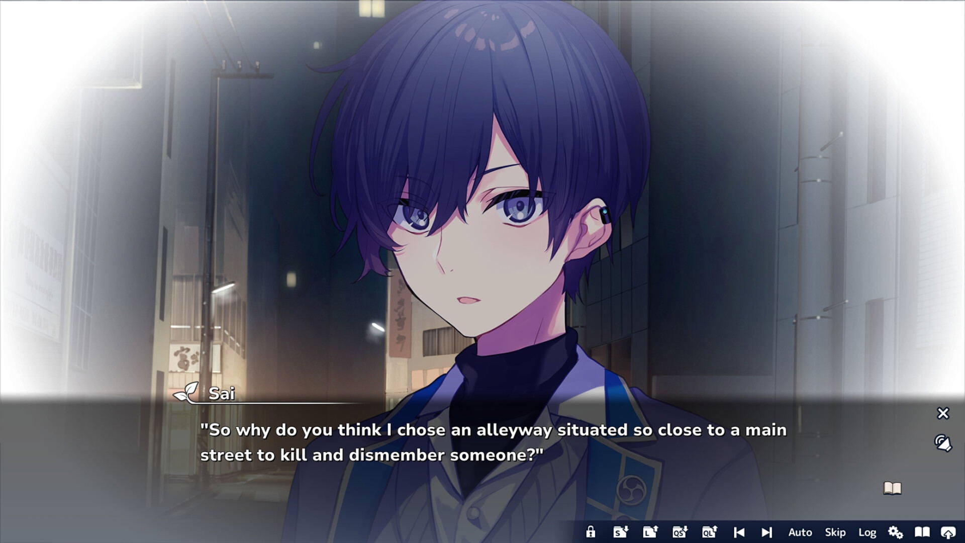 Anime character with purple hair and blue eyes in a dark alleyway, dialogue box with text.