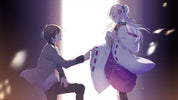 Two animated characters holding hands against a dark background with light effects