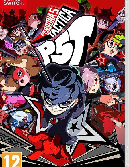 Box art for Persona 5 Tactica Switch game, featuring character illustrations in a vibrant, comic-style graphic.