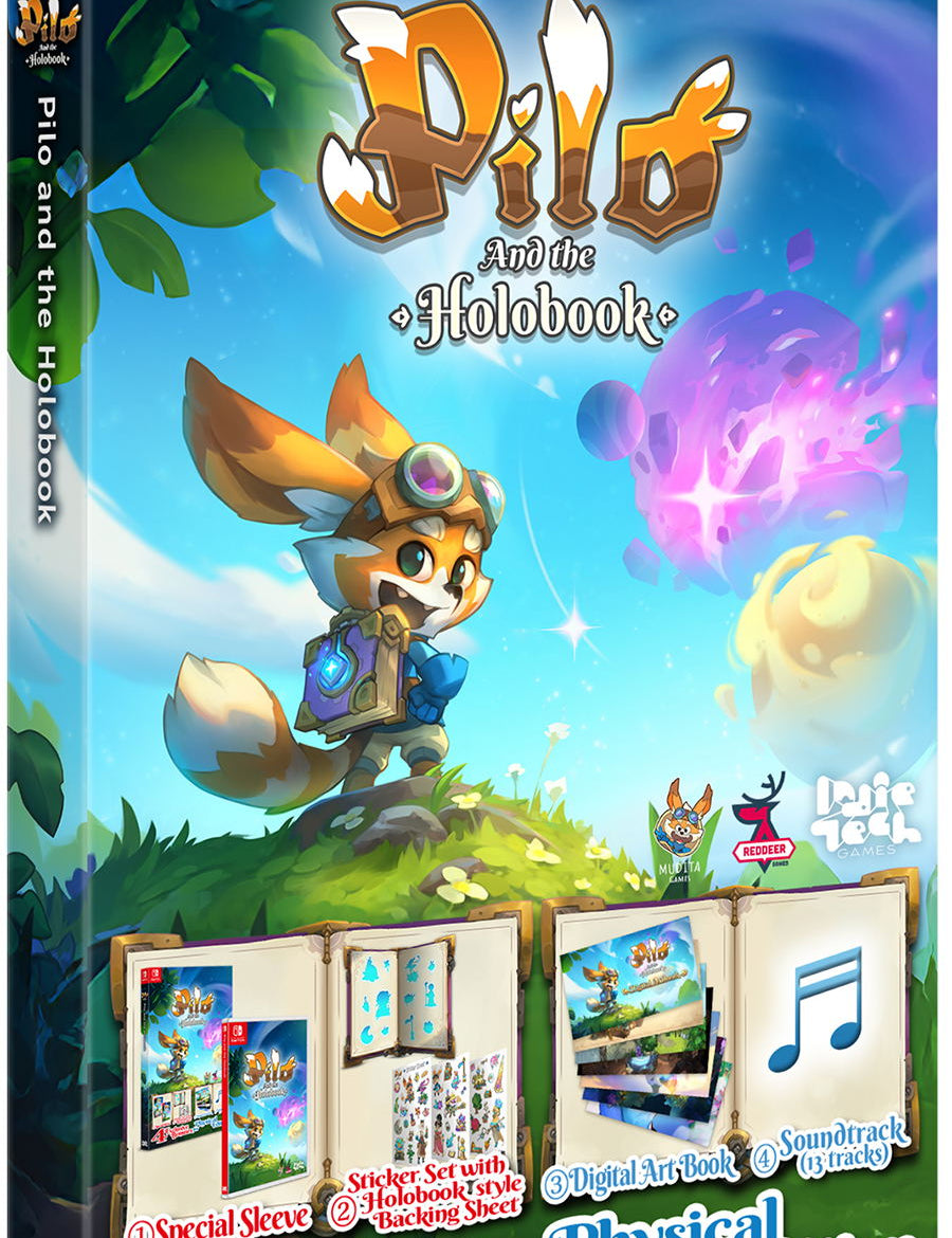 Game box for 'Pilo and the Holobook' with character illustration and bonuses on a blue background