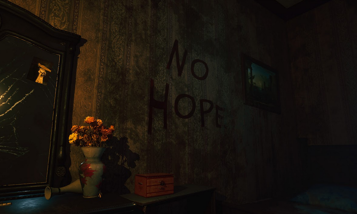 Dark room with a vase of flowers, teddy bear, and 'No Hope' graffiti on the wall.