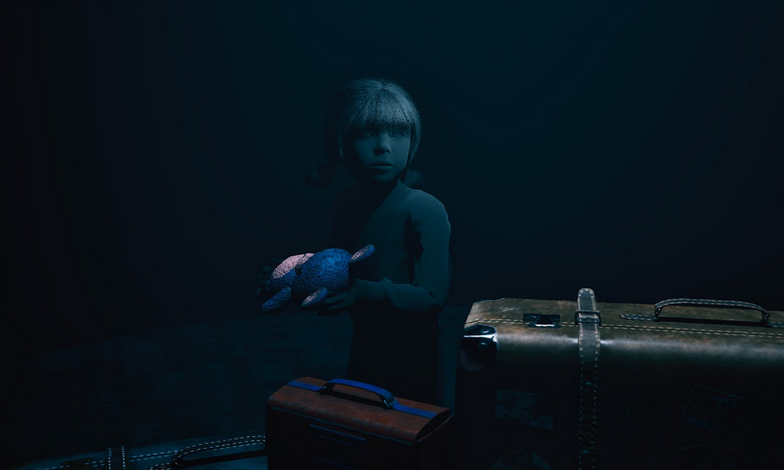 Person standing next to a suitcase in a dark setting