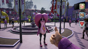 Animated character with pink hair and a purple outfit in a colorful, cartoon-like environment.