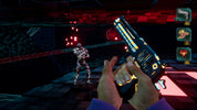 First-person shooter game scene with a gun and character in a dark, futuristic room.