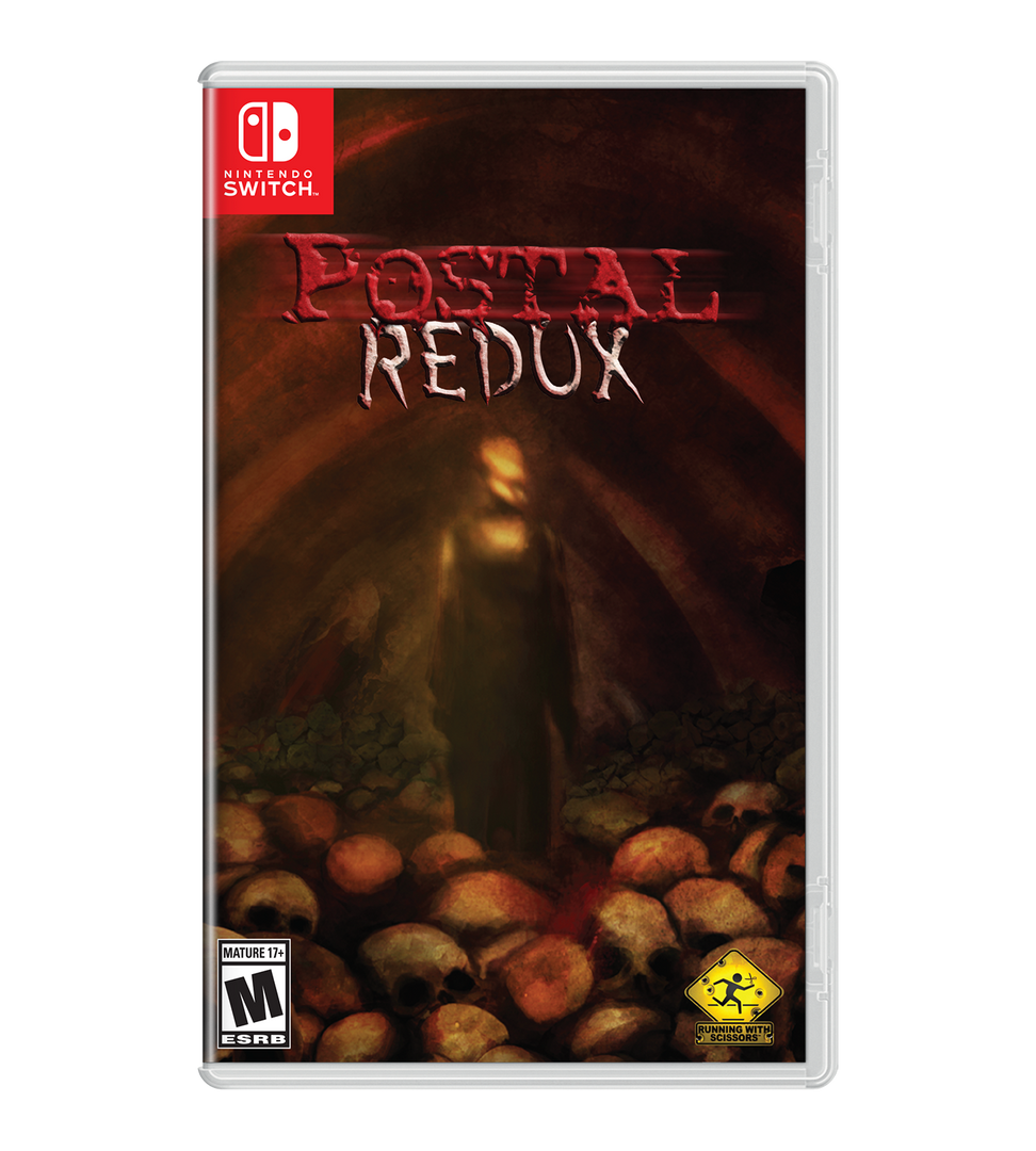 Nintendo Switch game case for the video game 'Postal Redux' on a plain white background. The cover art features a dark, atmospheric scene with the title 'POSTAL REDUX' in red and white text, a ghostly figure in the center, and skulls in the foreground.