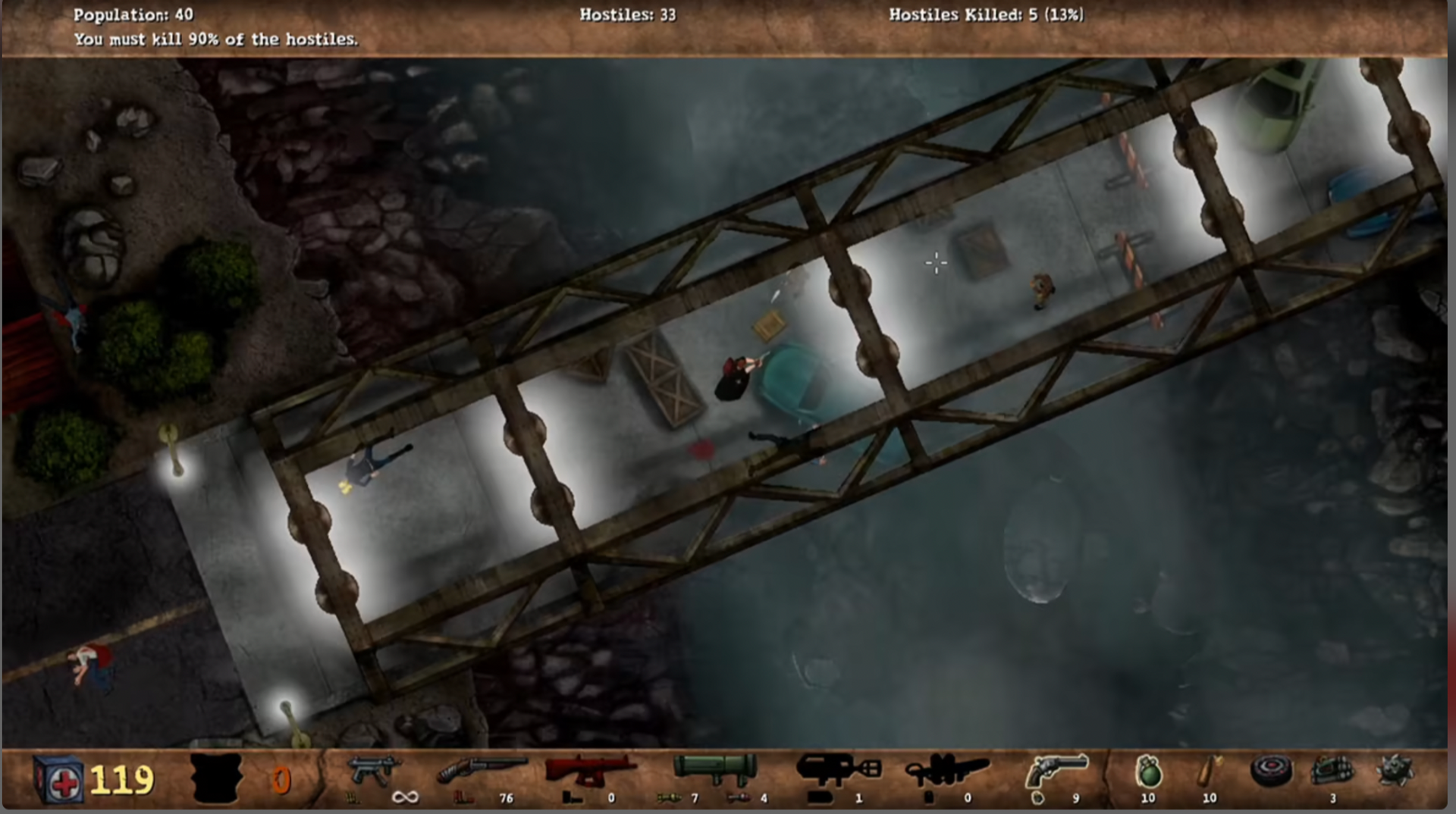 hostile counts, and a weapon bar along the bottom.