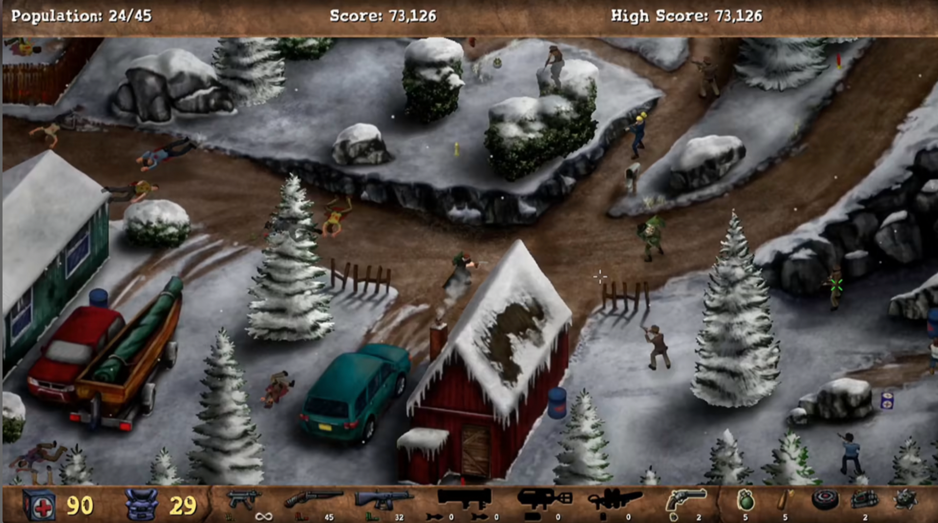 A screenshot from a top-down winter strategy game showing a snowy village scene with small houses, trees, rocks, vehicles, and tiny player characters. UI elements for population, score, high score, and resource bars are visible along the top and bottom.