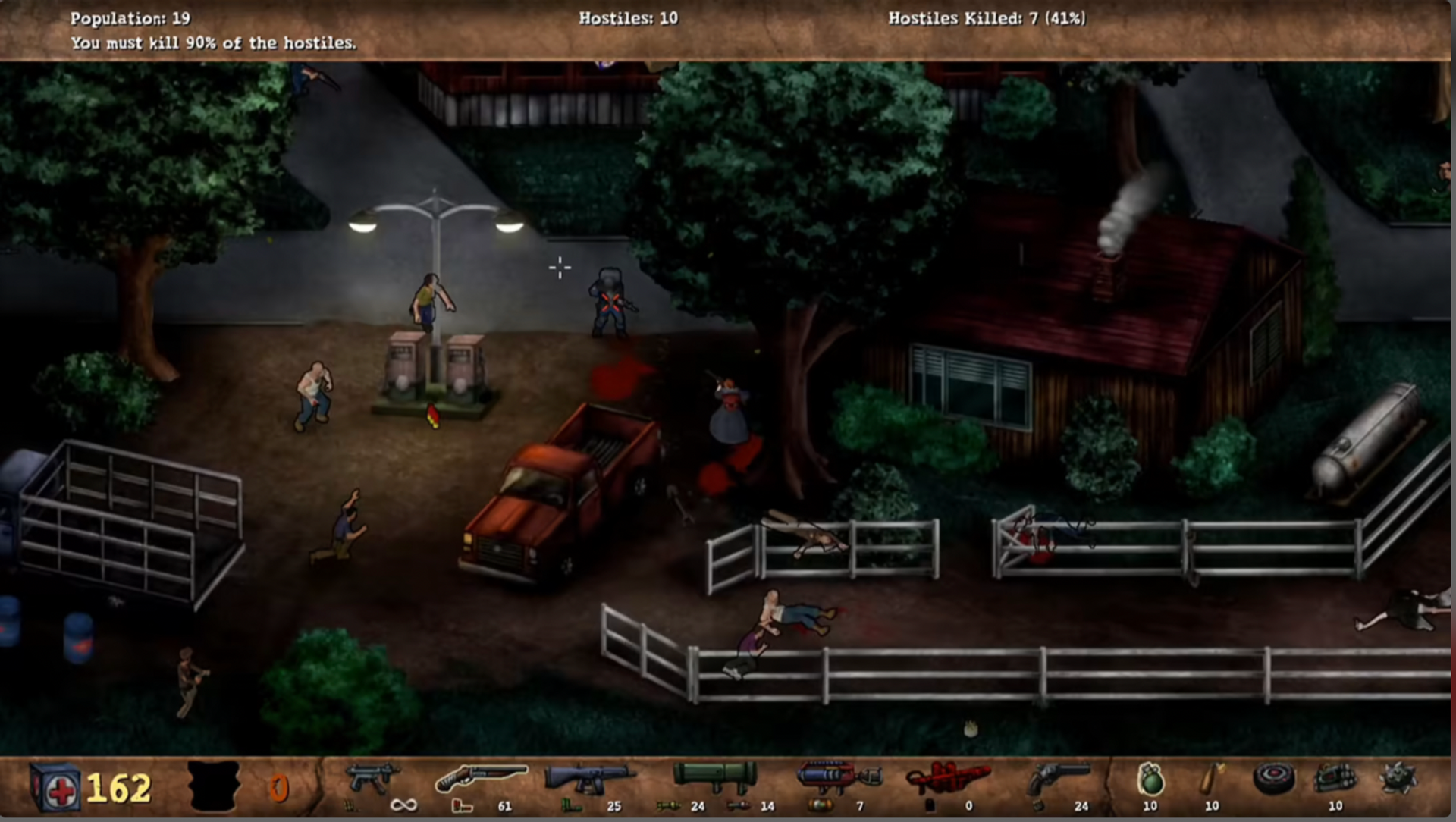 A screenshot from a top-down survival horror video game showing a rural house, trees, fences, a red car, and several small player characters in a dark nighttime scene.