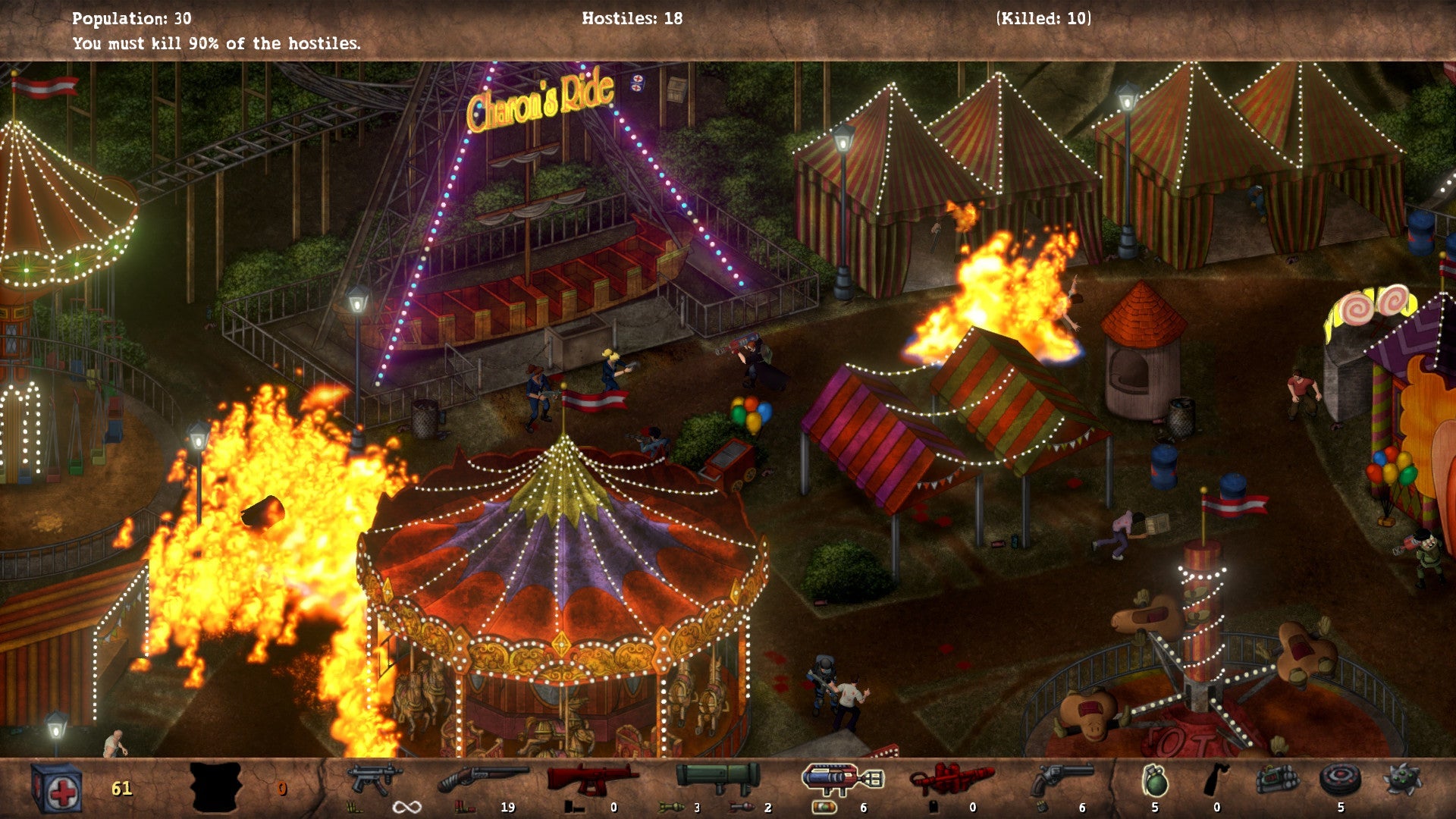 Screenshot of a chaotic carnival scene with burning tents and people in a video game interface.