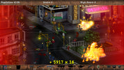 A screenshot from a retro top-down video game showing a neon-lit city street scene with buildings, glowing signs, explosions, and on-screen score/population/gameover text.